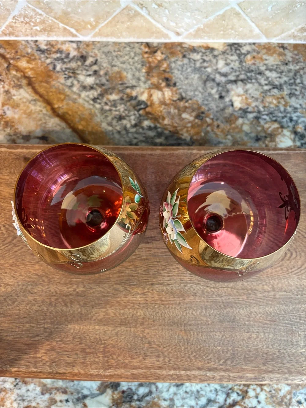 Vintage Bohemian/Czech Hand-Painted Floral Brandy Glasses - Set of 2